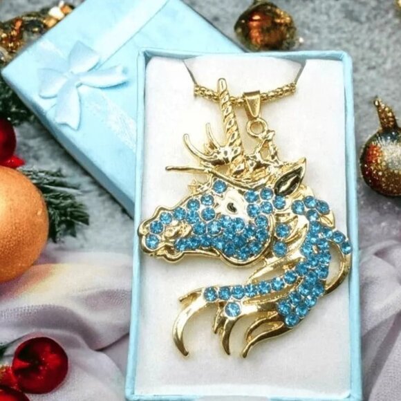Gold Blue Rhinestone Unicorn Pendant Necklace w/ Gift Box – Fantasy Jewelry - Picture 1 of 5
